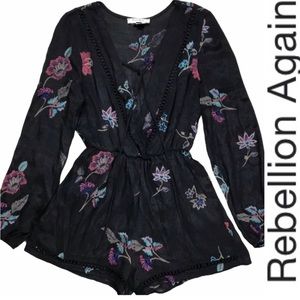 Rebellion Again Black Embroidered Floral Romper